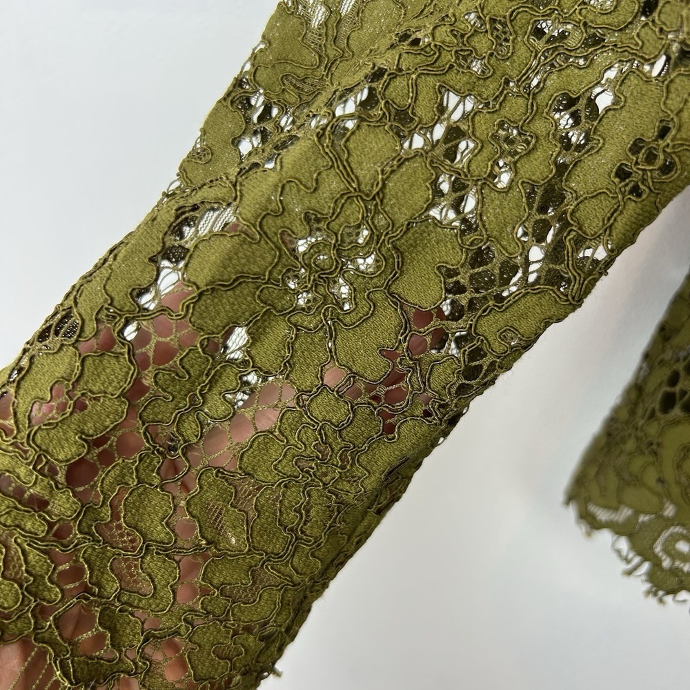 J Crew Lace Top Womens 2 Petite Long Sleeve Shirt Olive Green Sheer Sleeve - Picture 8 of 12
